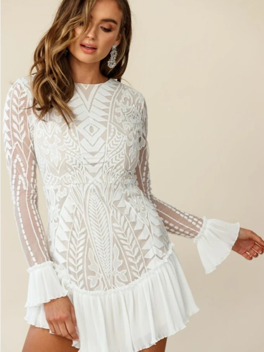 Selfie Leslie White Embroidered Lace Long-Sleeve Dress with pleated ruffle hem - Picture 2 of 8